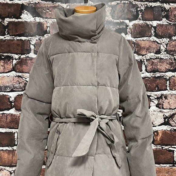 ICHI Puffer Trench Coat Square Tie Brown Size Medium M - Picture 8 of 16